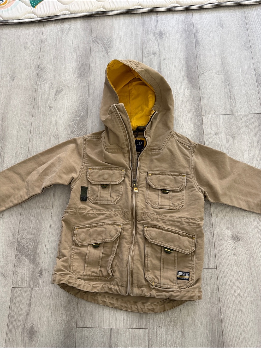 GAP Kids Tan Hooded Utility Jacket with Yellow Lining size S 5-6